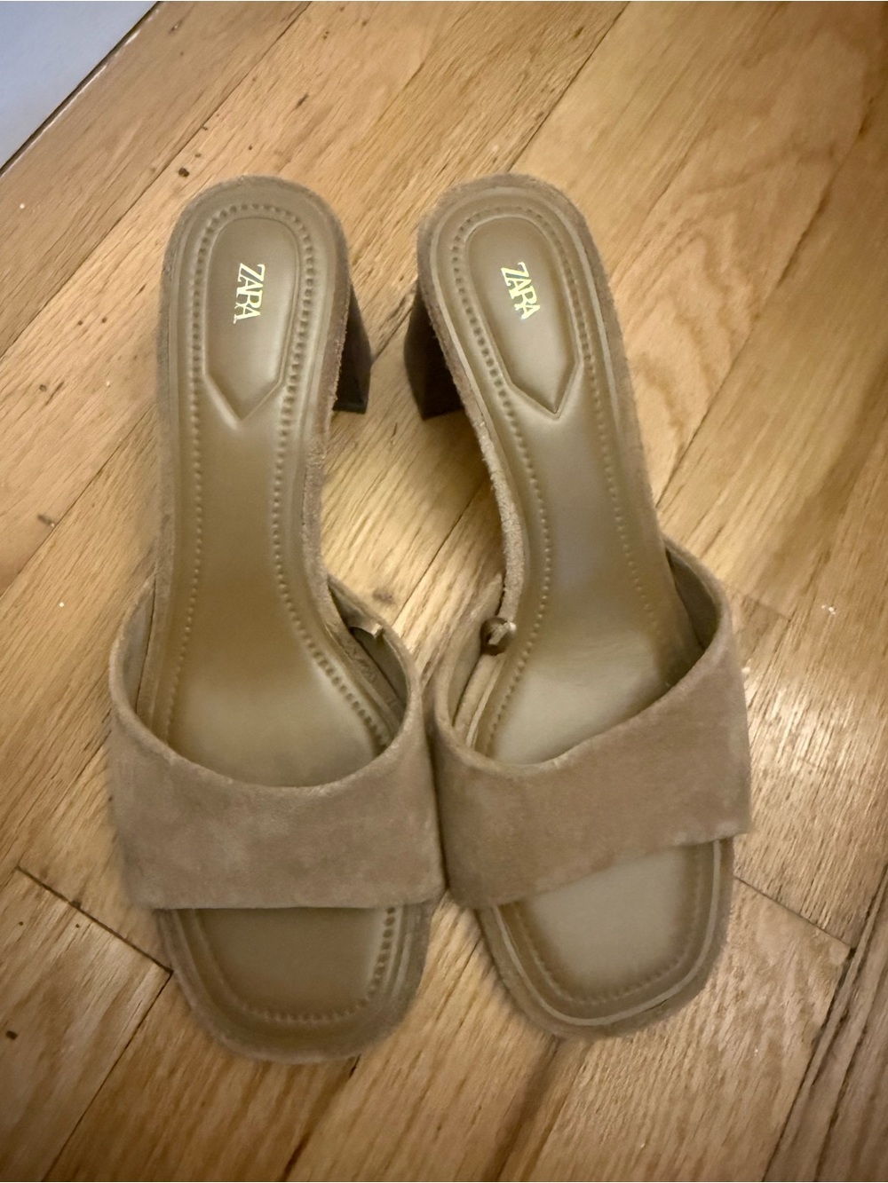 Zara Beige Suede Slide Mules with Block Heel